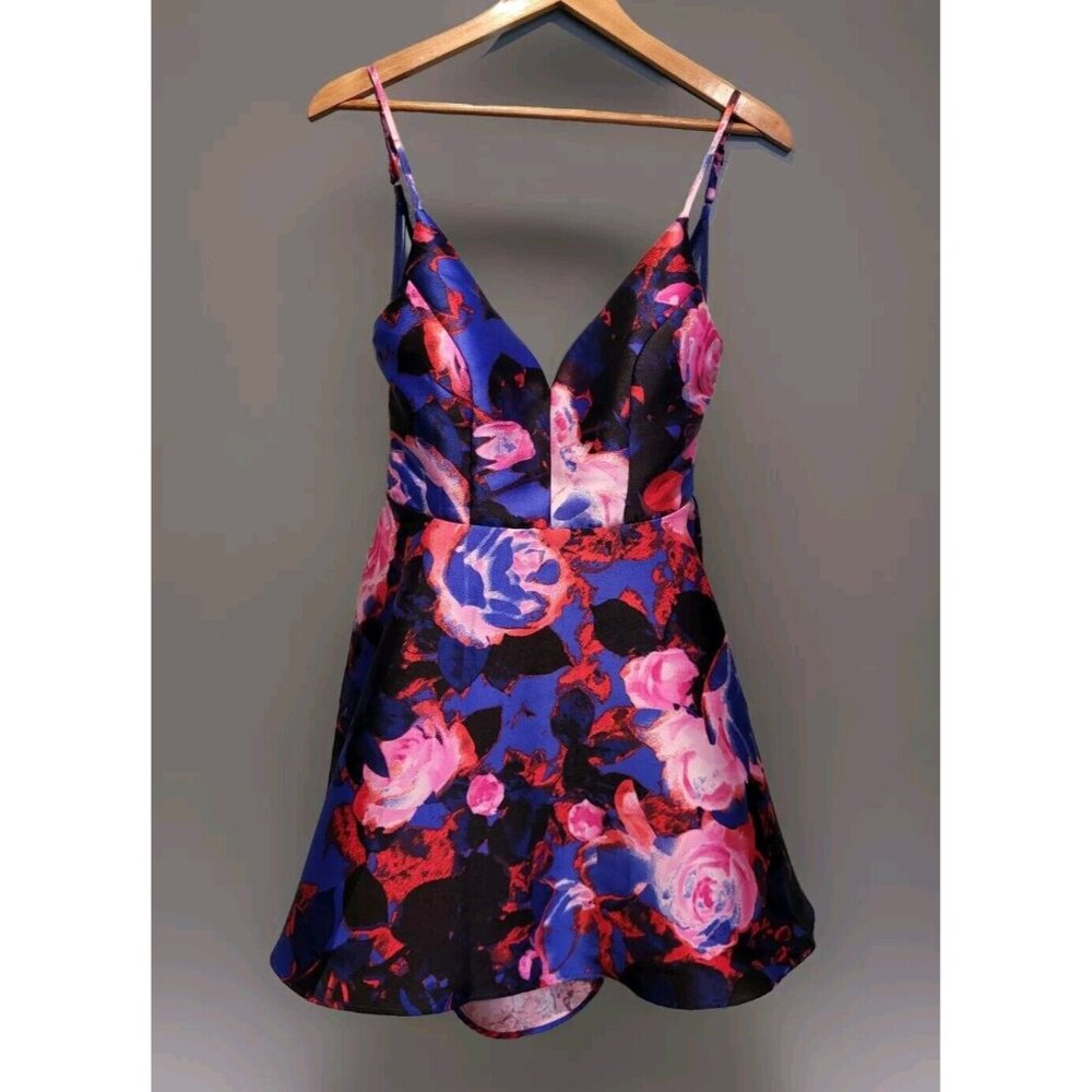 Royal Blue Pink Abstract Floral Sleeveless Fit & Flare Mini Dress Sz 7 Formal